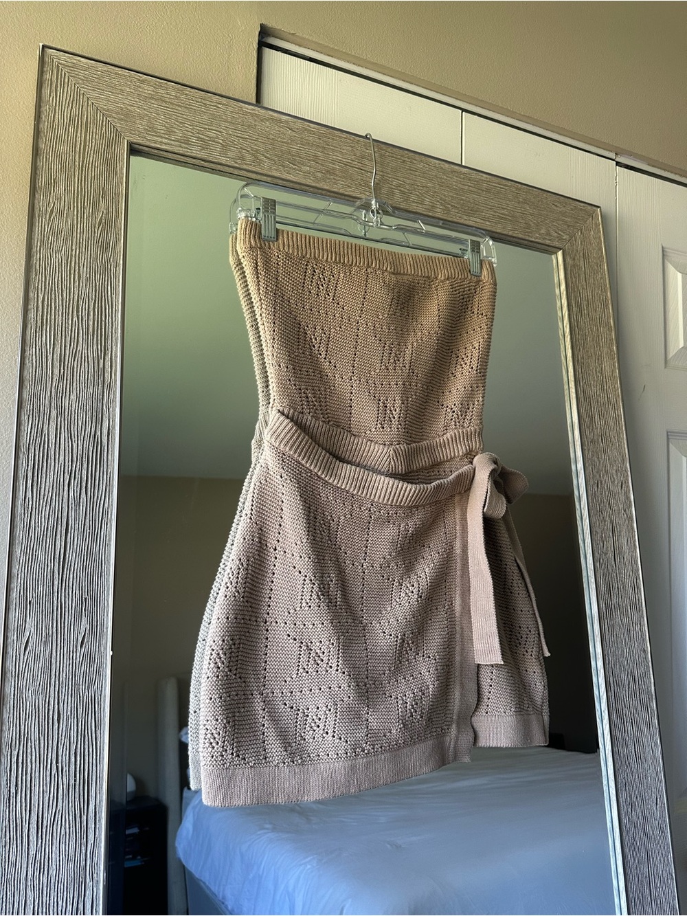 SABO Beige Strapless Knit Tie Mini Sweater Dress 100% Cotton Size XS